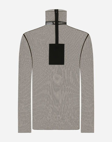 Dolce & Gabbana Tüll-T-Shirt mit hohem Kragen und Patch Schwarz G8RF2ZFLSAB