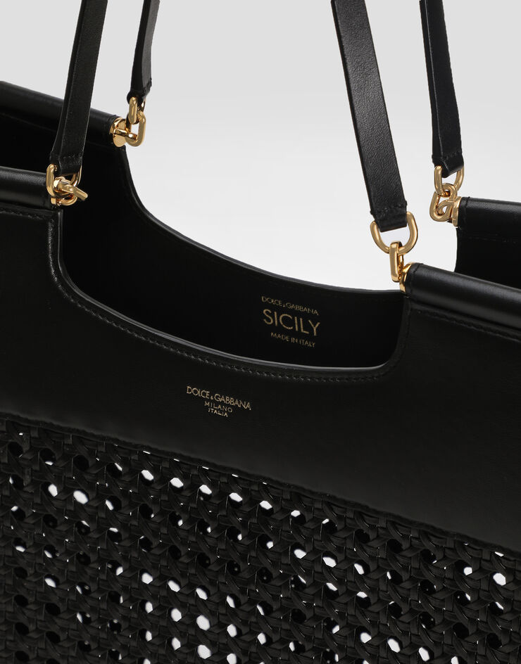 Dolce & Gabbana Shopping Sicily in straw and calfskin weave Black BB7727B9S67