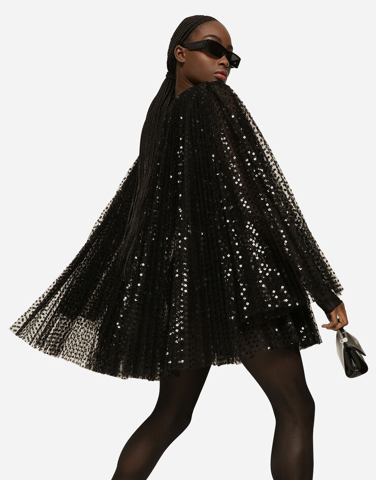 Dolce&Gabbana Short pleated dress with full sequined sleeves Black F6AUYTFLSHD