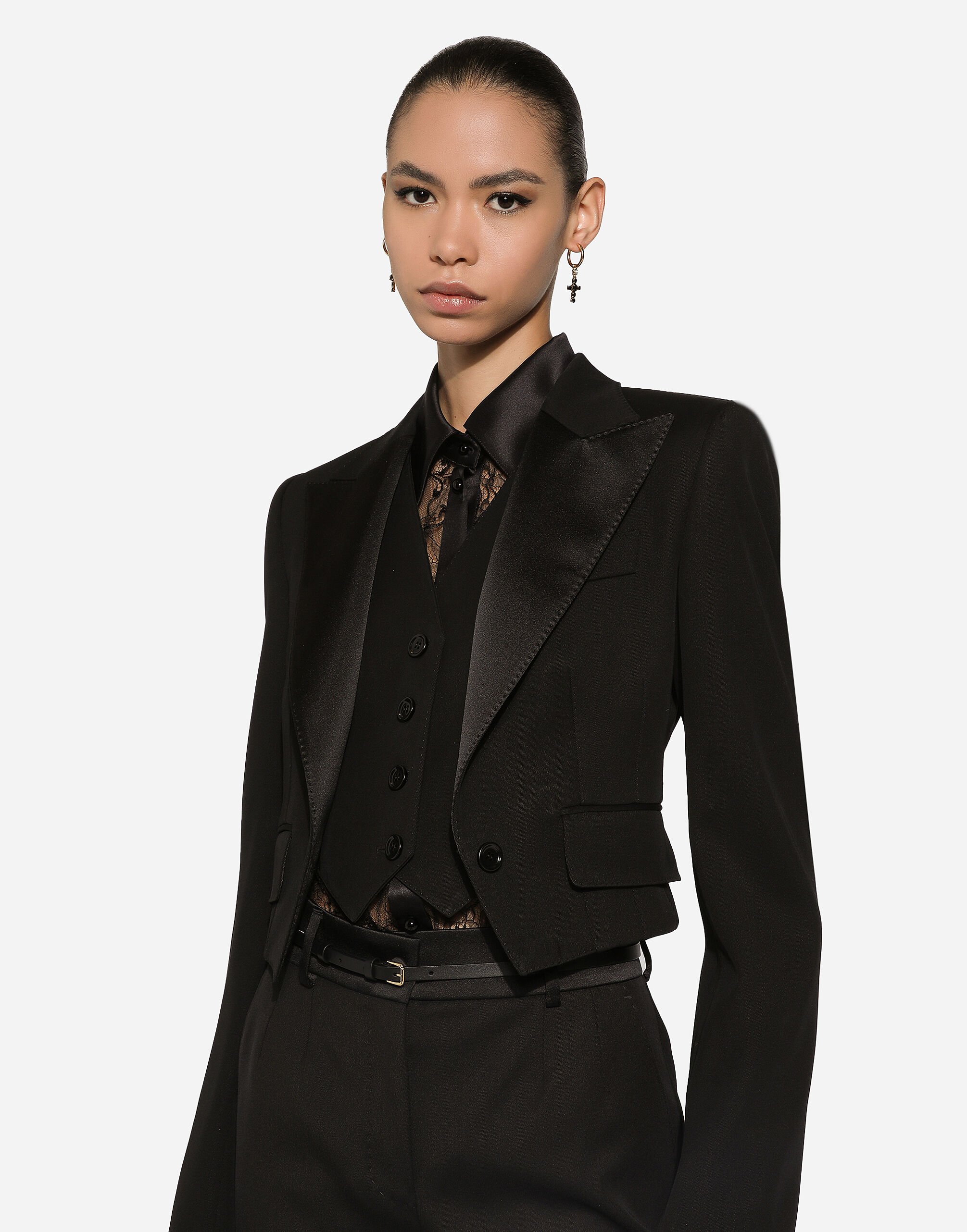 Short wool gabardine jacket with vest in Black for Women