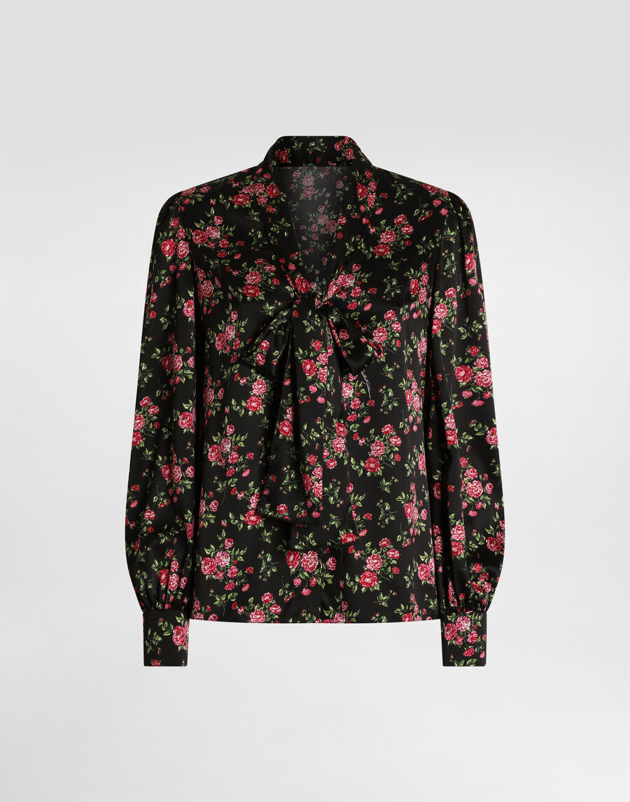 Small rose bouquet-print satin shirt