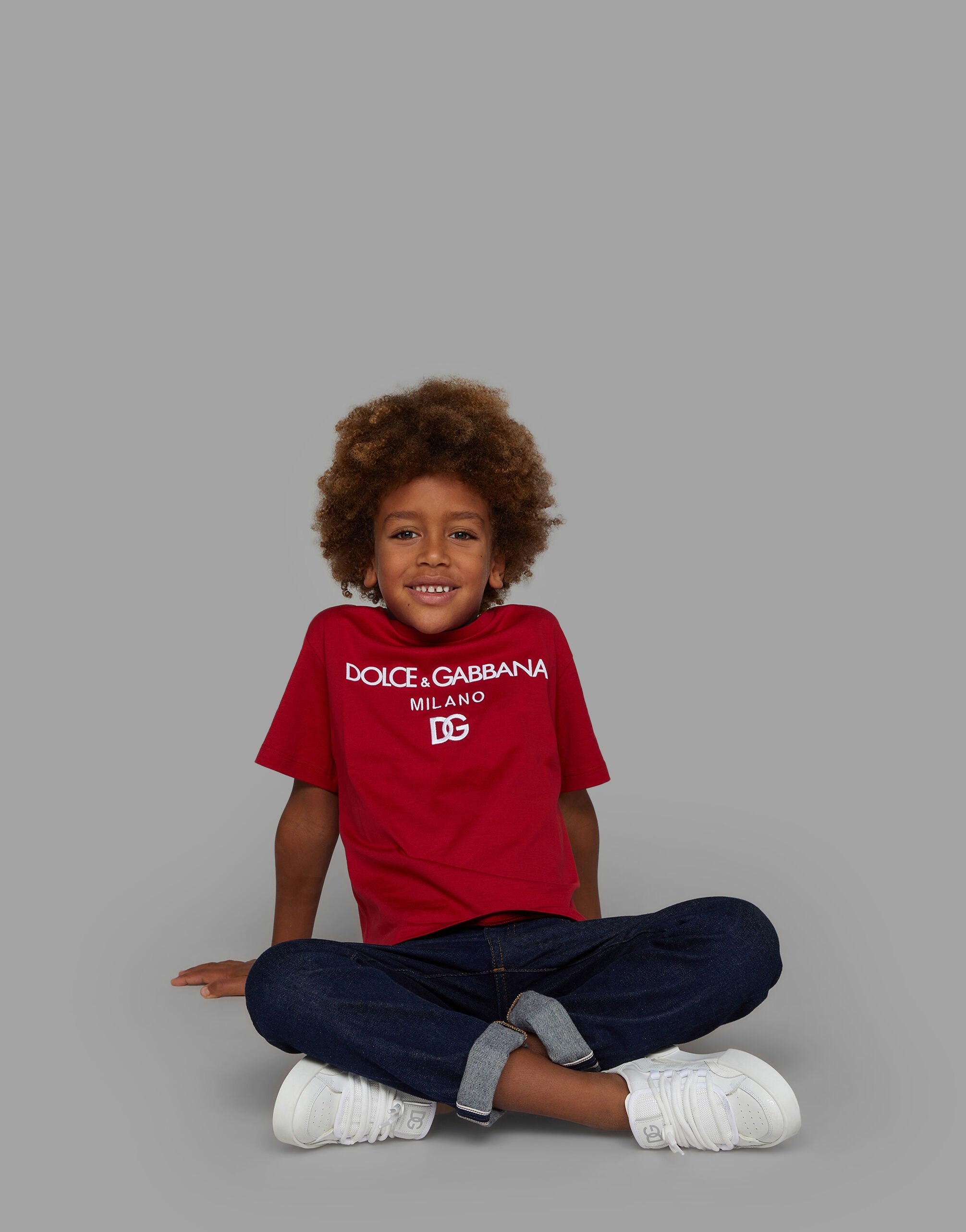 Jersey round-neck T-shirt with DG Milano embroidery in Red