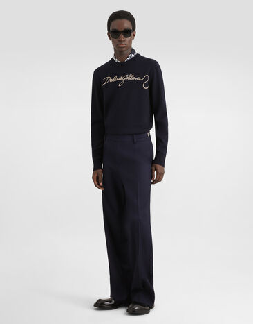 Dolce & Gabbana Pulóver en lana de punto liso con bordado Blue GXX02ZJDVIR