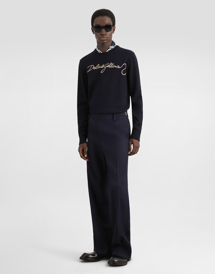 Dolce & Gabbana Pulóver en lana de punto liso con bordado Blue GXX02ZJDVIR