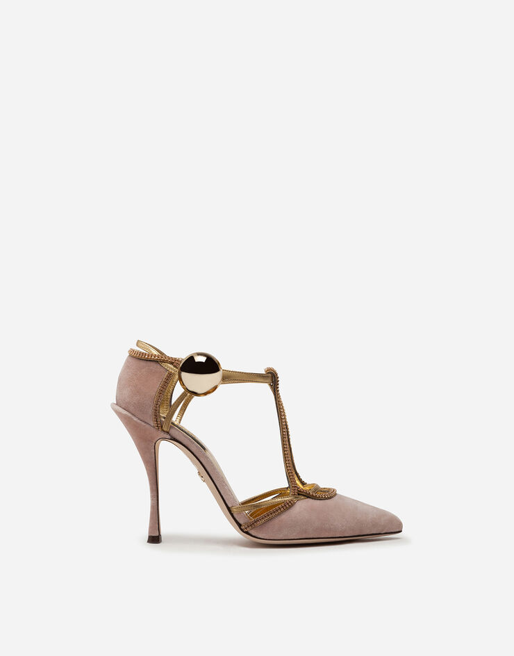 Dolce & Gabbana Velvet t-straps shoes with decorative button CIPRIA/ORO CD1447AJ700