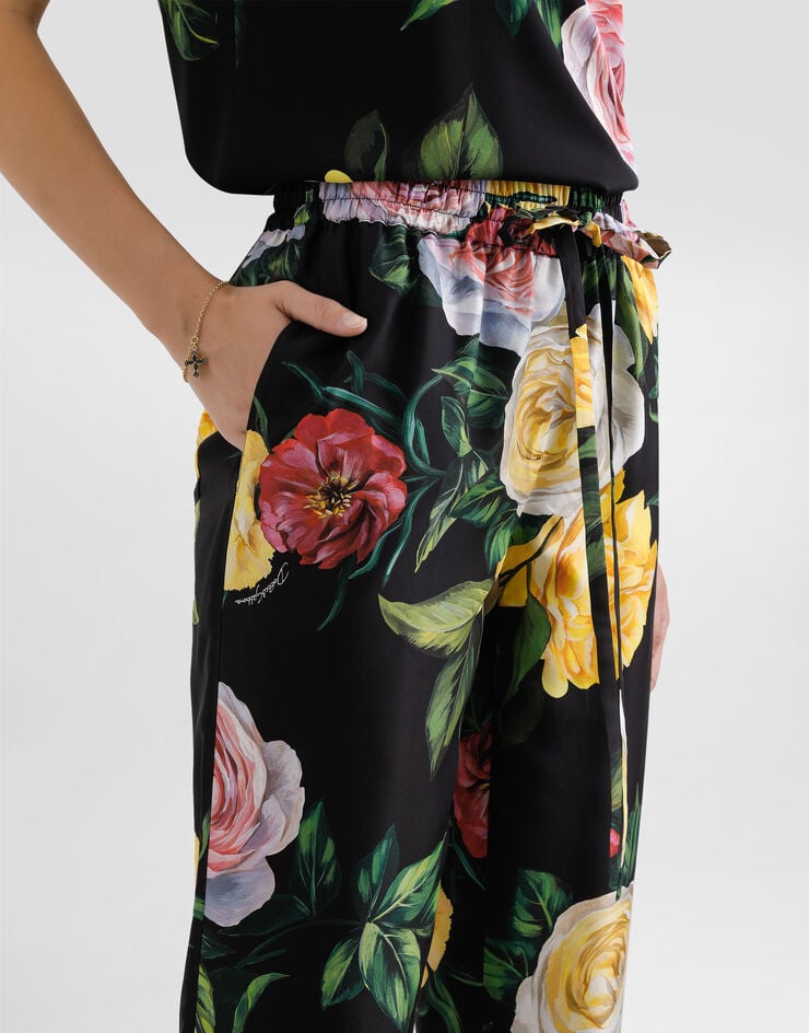 Dolce & Gabbana سروال من حرير هابوتاي بخصر مرن وطبعة زهرة الفاوانيا ووردة مطبعة FTC11TIS1XJ