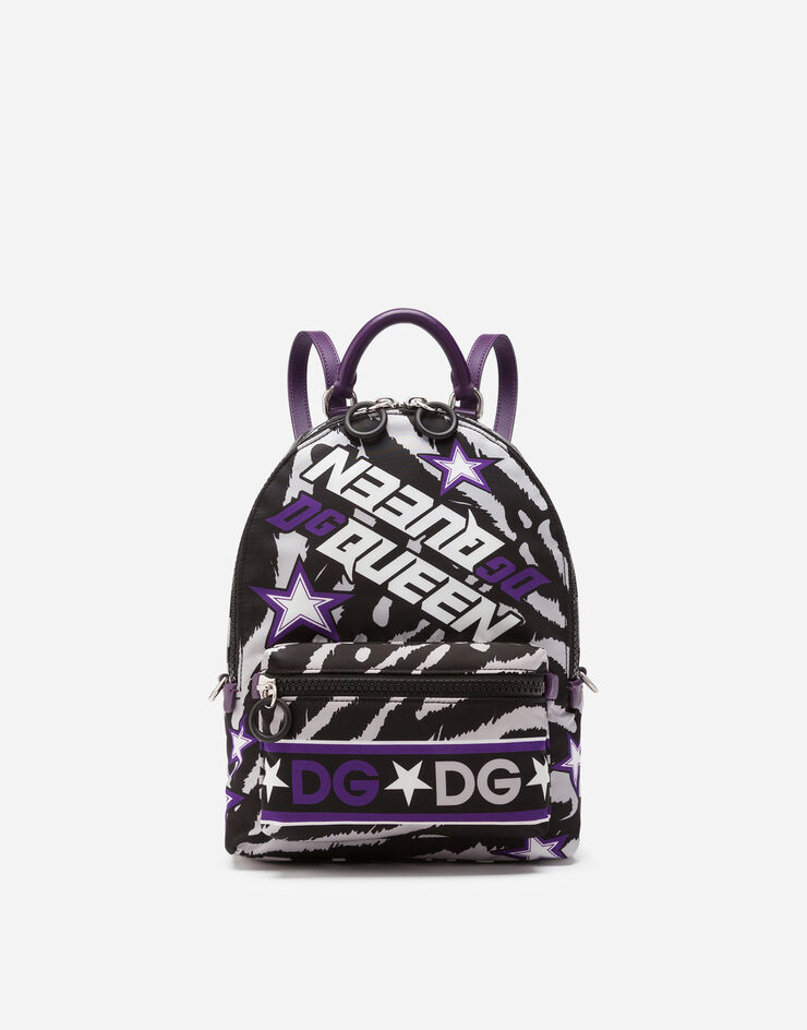 Nylon vulcano backpack with jungle print over a purple base