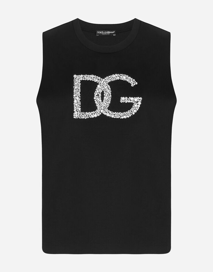 Dolce & Gabbana Camiseta sin mangas de interlock con decoración DG en cristales Negro F8Q42ZG7BUL