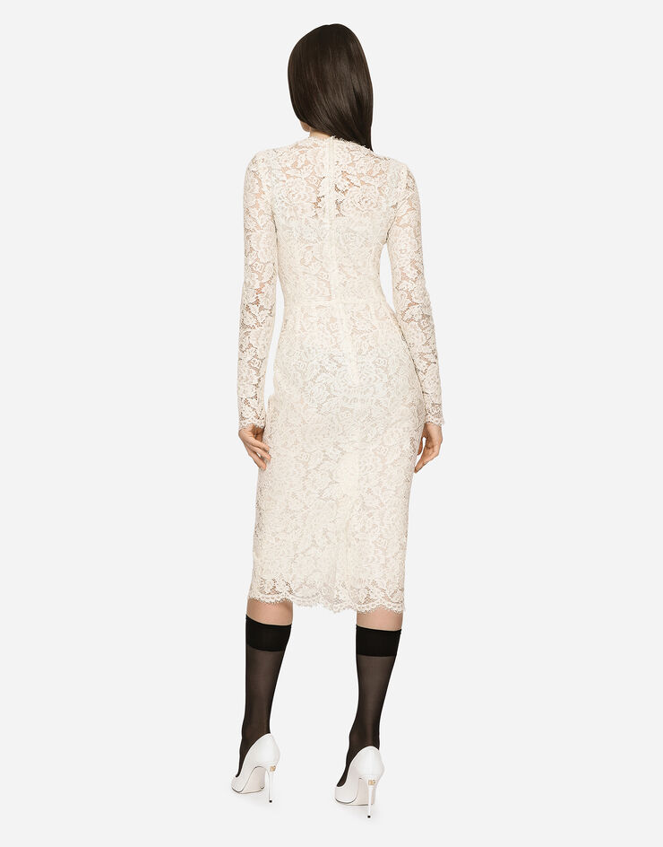 Dolce & Gabbana Long-sleeved branded stretch lace dress White F6M0DTFLRE1