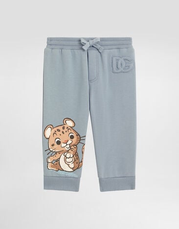 Dolce & Gabbana Oversized fleece trousers with leopard print and DG patch Blue L1JPIGG7PJD