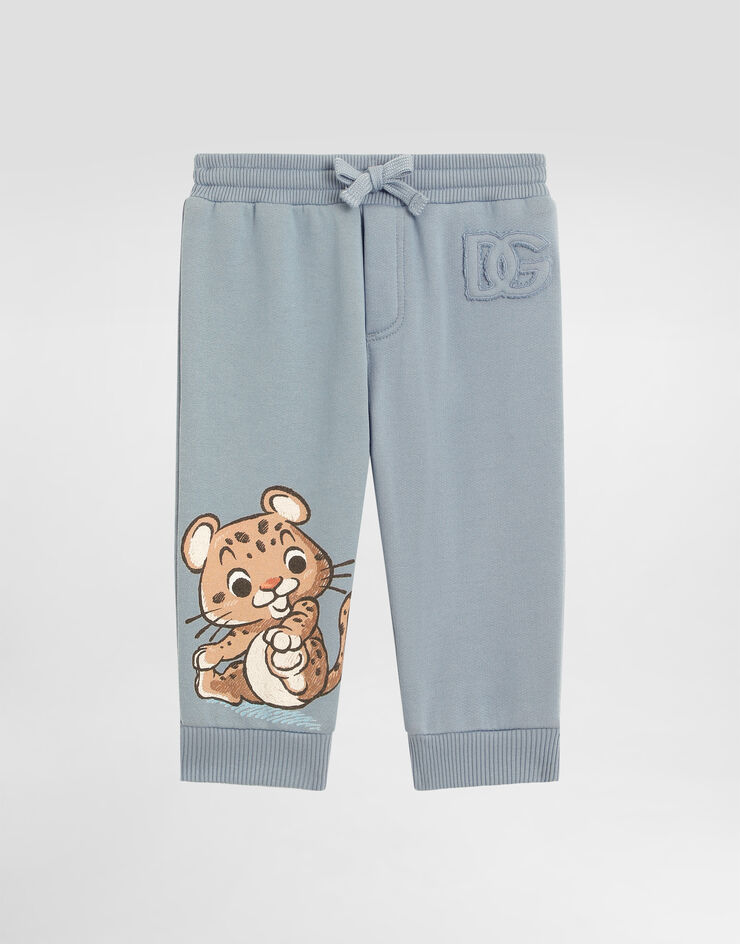 Dolce & Gabbana Oversized fleece trousers with leopard print and DG patch Blue L1JPIGG7PJD