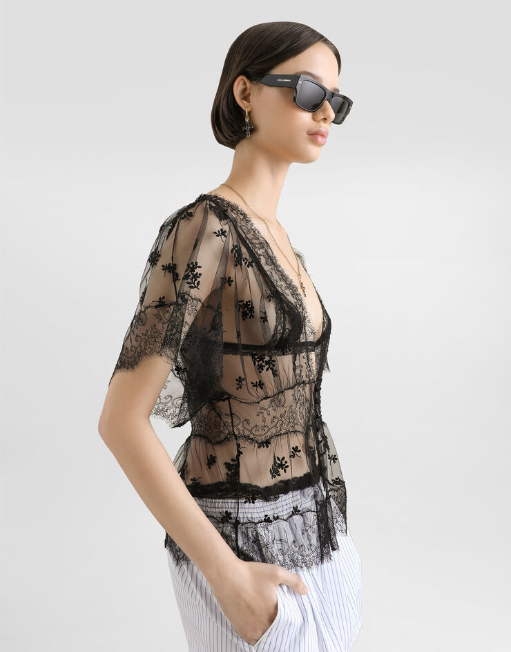 Dolce & Gabbana Tulle top with flower embroidery Black F7BO2TILMD3