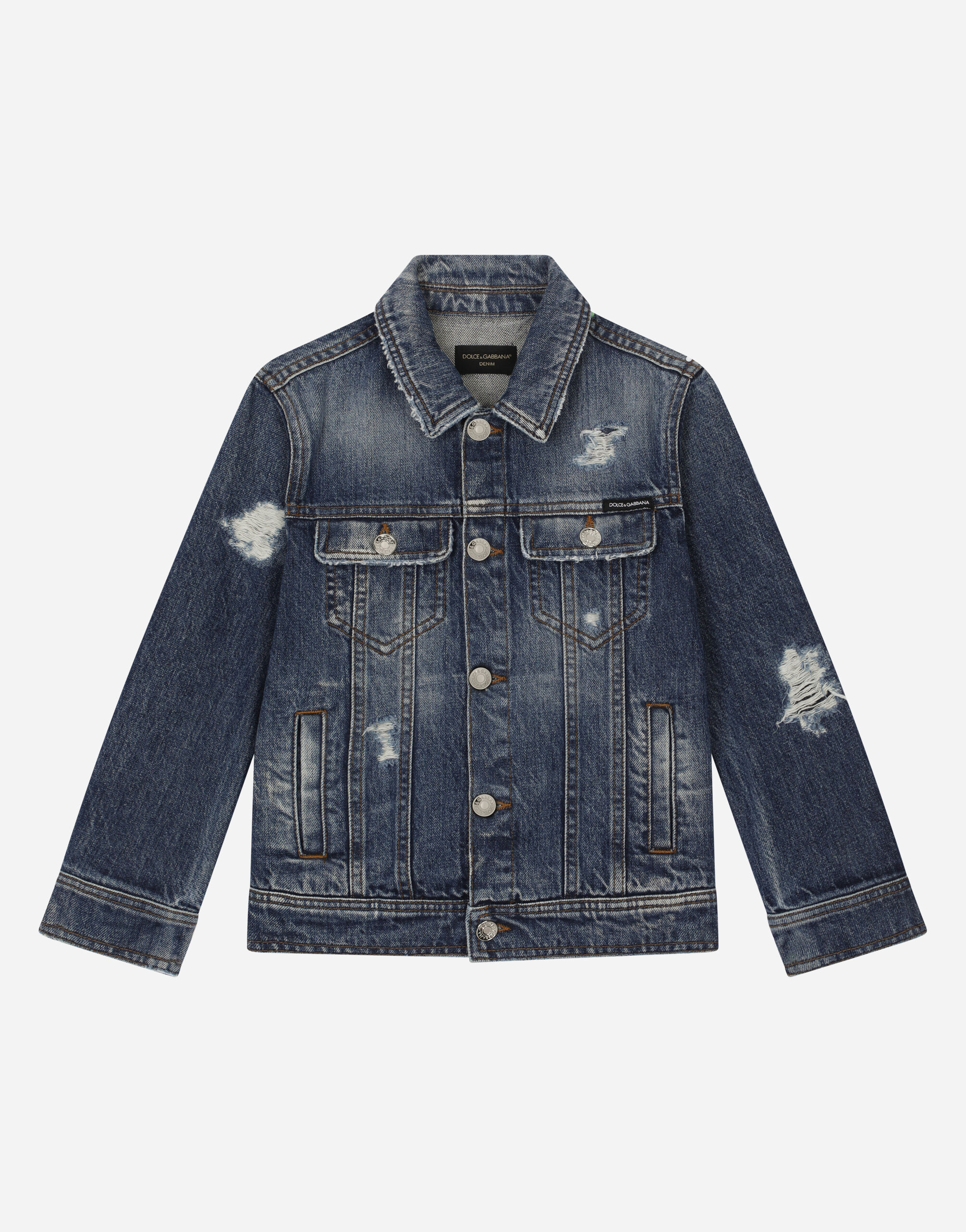 Dolce & Gabbana Jacke aus gewaschenem Denim mit Rissen Drucken L5JC13ISMGV