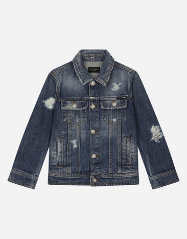 Dolce & Gabbana Jacke aus gewaschenem Denim mit Rissen Drucken L5JC13ISMGV