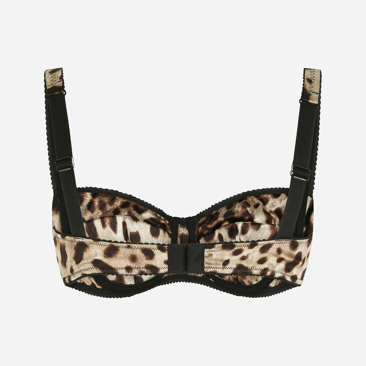 Leopard-print satin balconette bra with lace detailing in