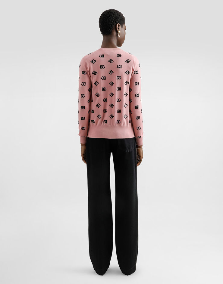 Dolce & Gabbana Wool and silk jacquard sweater with contrasting DG logo Pink FXJ34TJFMGS