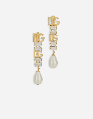 Dolce & Gabbana Pendientes colgantes con perlas, strass y logotipo DG Dorado WEO8S4W1111