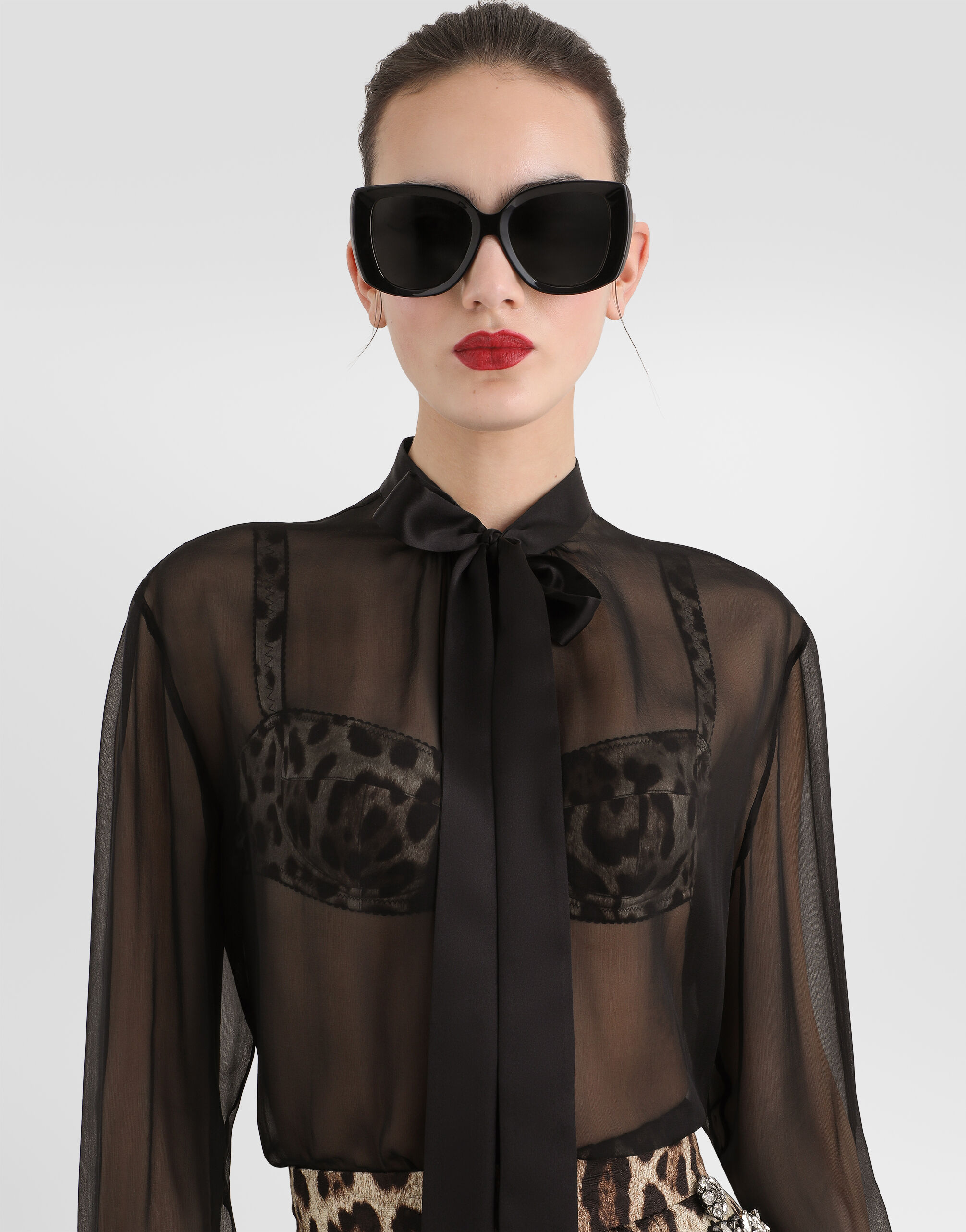 Silk chiffon shirt with pussy-bow in Black for Women