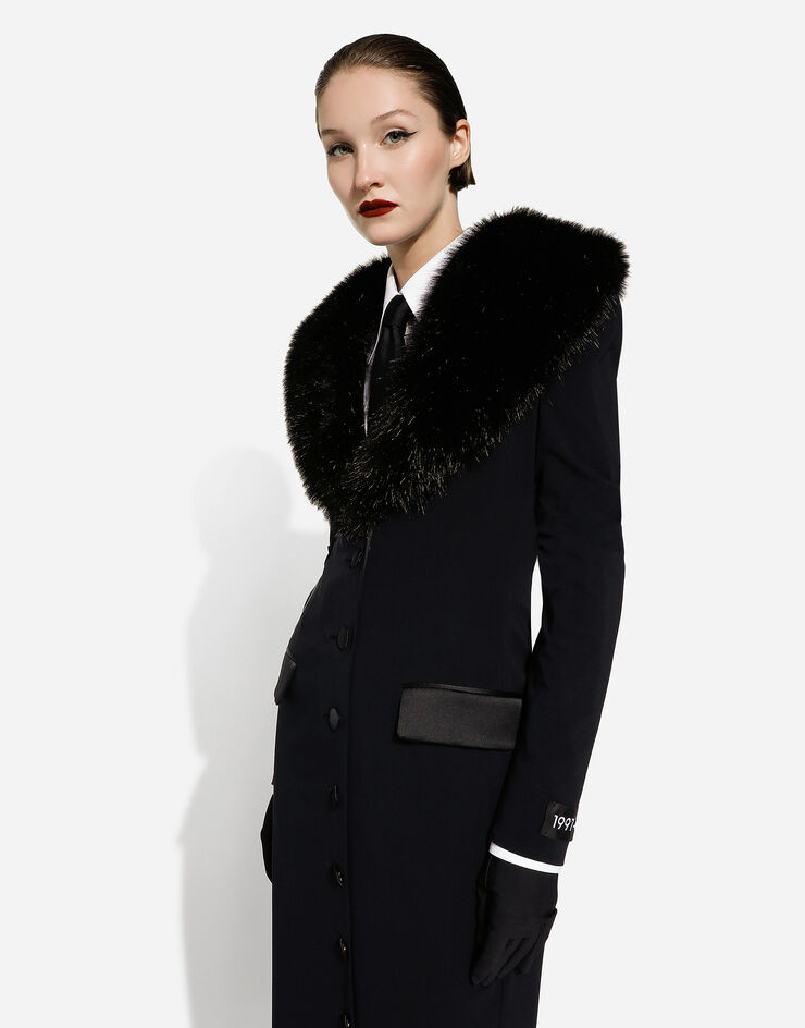 Dolce&Gabbana Long silk georgette coat with faux fur collar Black F0W0VTFUAFZ