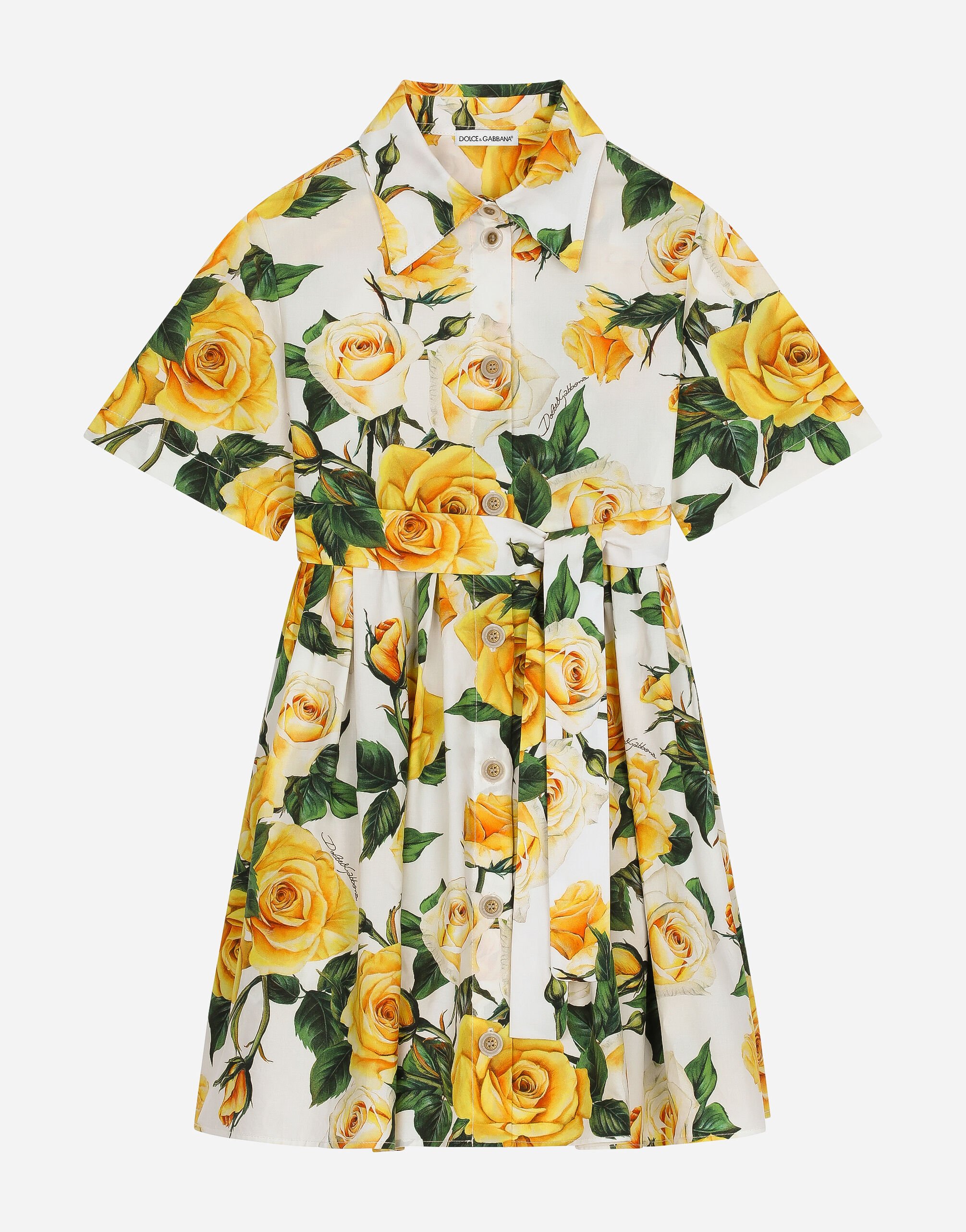 Dolce & Gabbana Kleid aus Popeline Print gelbe Rosen Weiss EB0003A1067