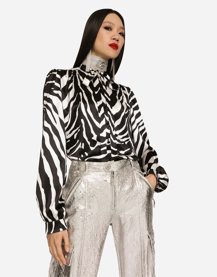 Dolce & Gabbana Camicia in raso stampa zebra con sciarpina Multicolore F5P92TIS1NV