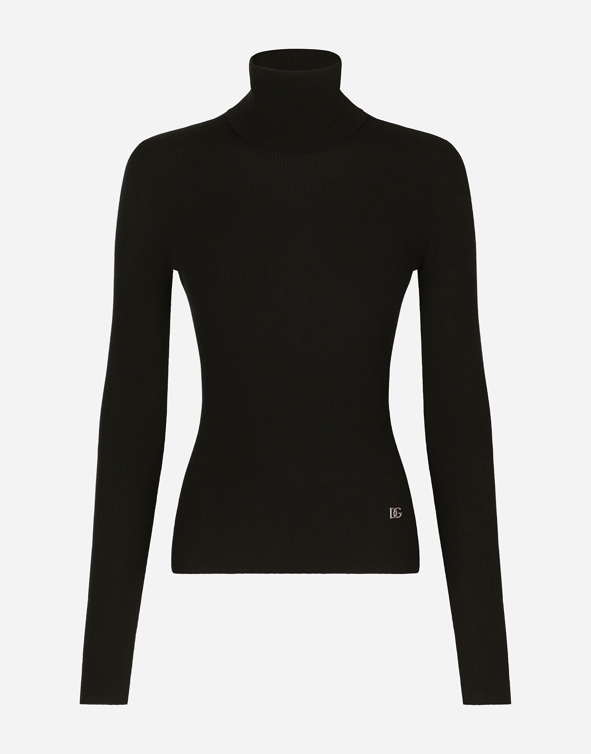 Dolce & Gabbana Ribbed cashmere and silk turtleneck with DG logo Black FXI48TJAIL1