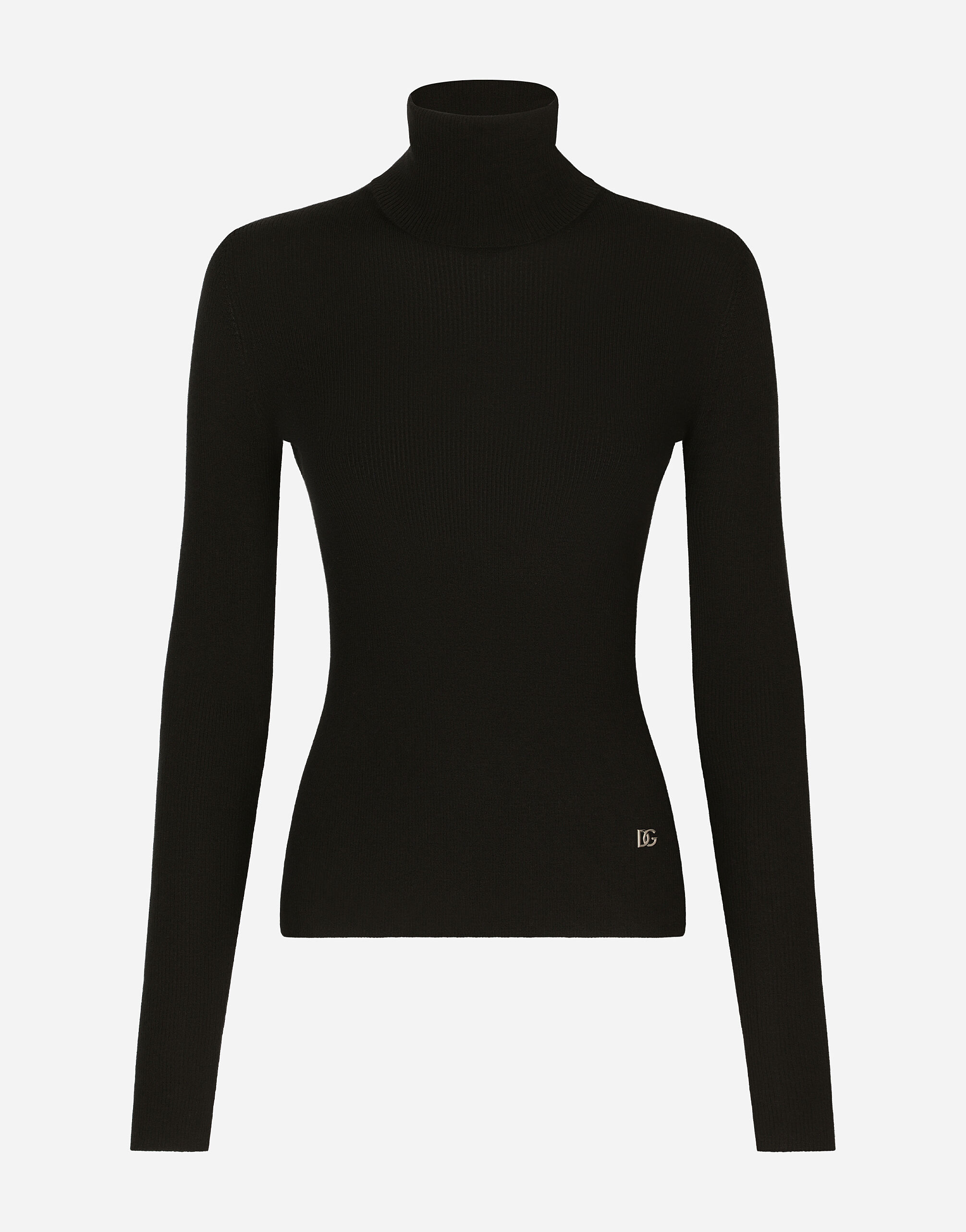 Dolce & Gabbana Ribbed cashmere and silk turtleneck with DG logo Black FX340ZJAIJ8