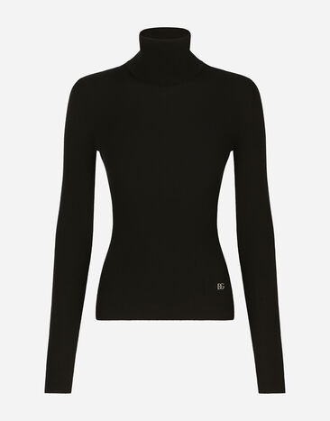 Dolce & Gabbana Ribbed cashmere and silk turtleneck with DG logo Black FX340ZJAIJ8