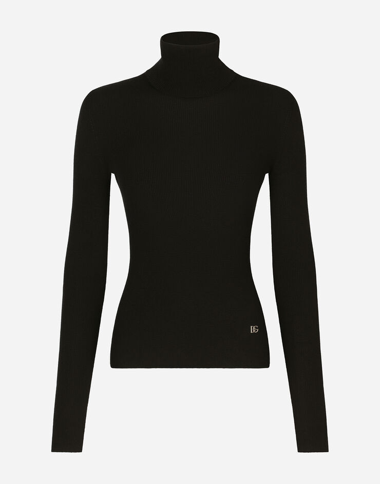 Dolce & Gabbana Ribbed cashmere and silk turtleneck with DG logo Black FX352ZJDMY7