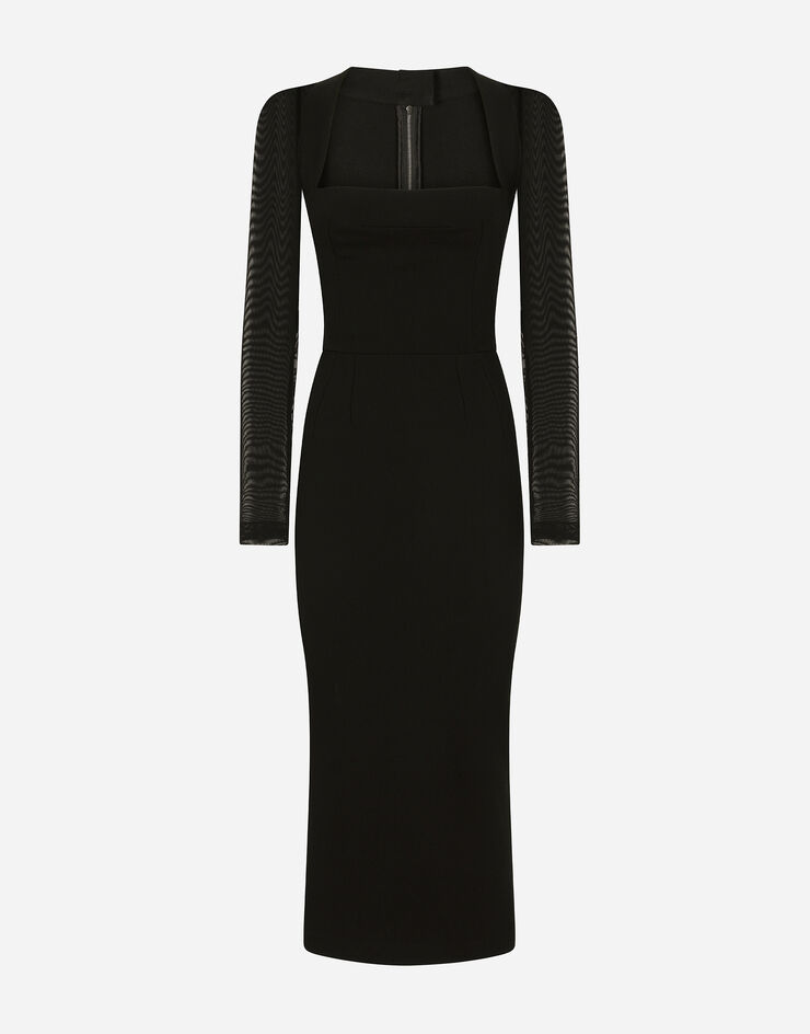 Dolce & Gabbana Longuette-Kleid aus Sablé mit Tüll-Ärmeln Schwarz F6R1KTFURE2