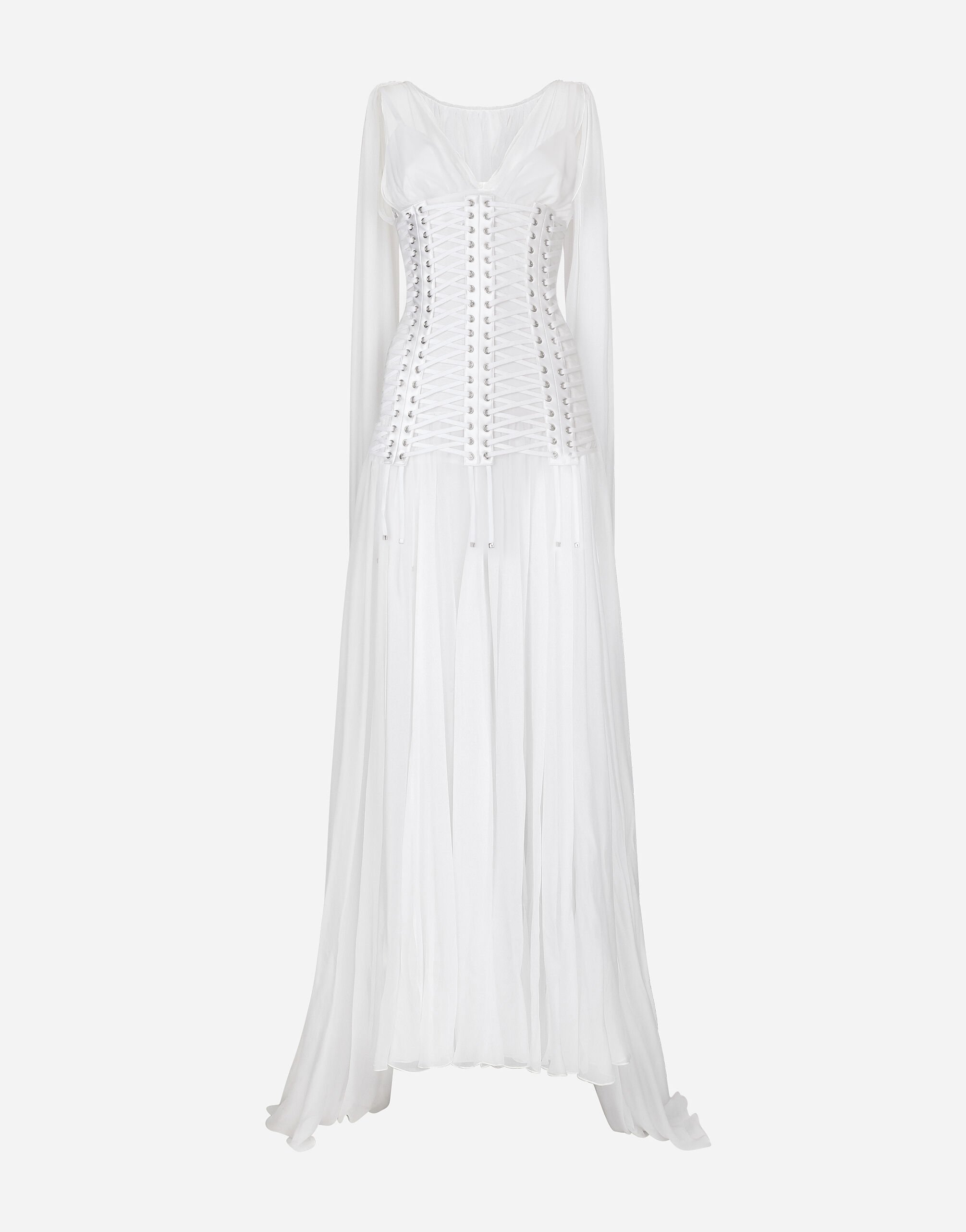 Long chiffon dress with corset details in White for Women Dolce Gabbana