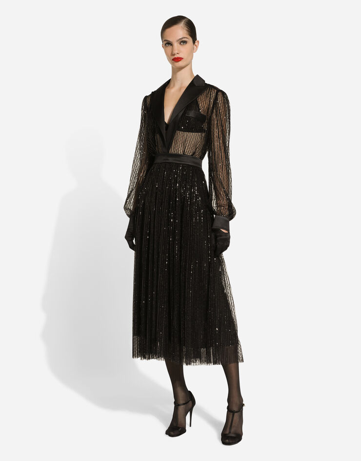 Dolce & Gabbana Longuette-Hemdblusenkleid im Smokingstil aus paillettenbesetztem Tüll Schwarz F6JOKTILMA3