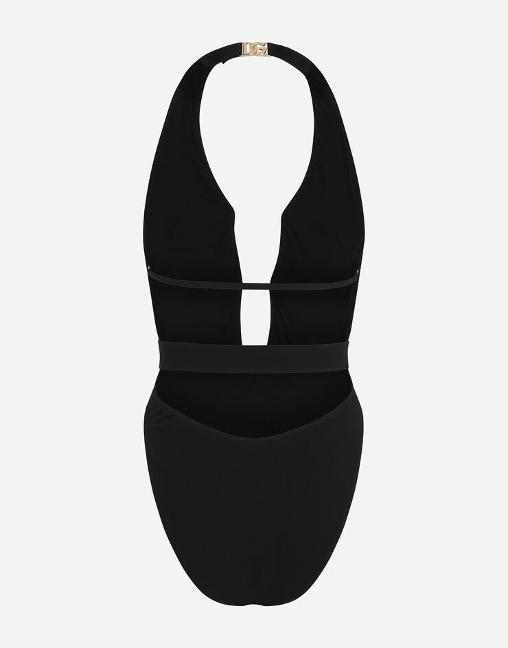 Dolce & Gabbana One-piece swimsuit with plunging neck and belt Black O9B74JFUGA2