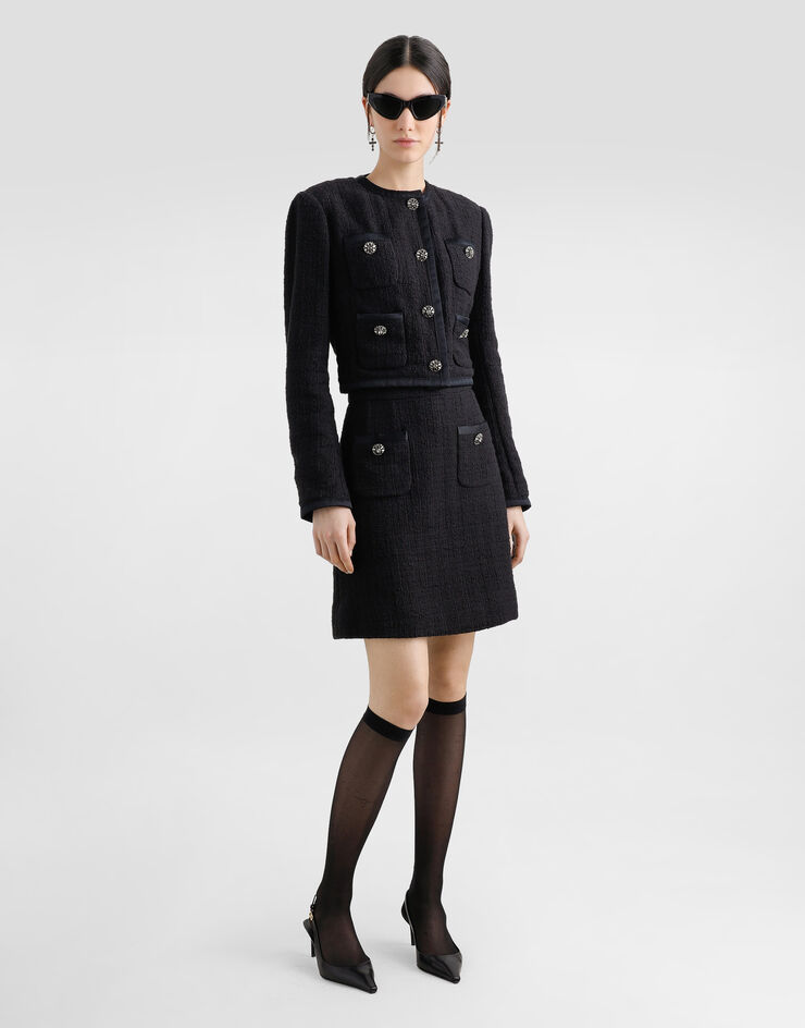 Dolce & Gabbana Cropped single-breasted raschel tweed jacket with bejeweled buttons Black F27CZZFMTAC