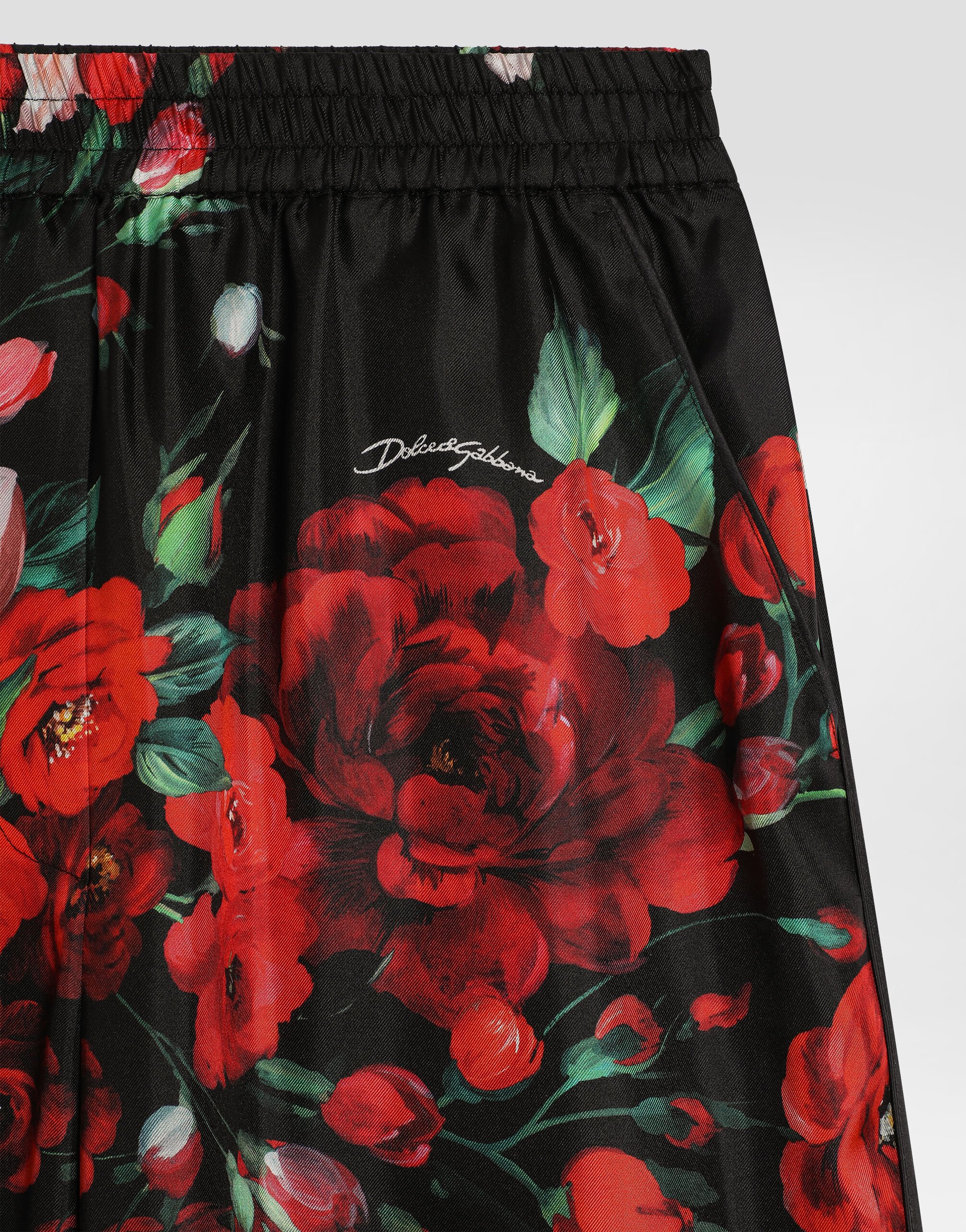 Satin pajama pants with rose print in Print for Women