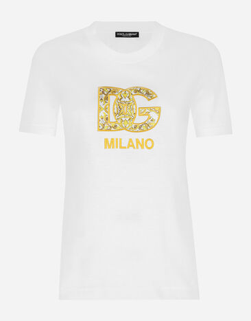 Dolce & Gabbana Camiseta en punto de algodón con parche DG con estampado Maiolica Imprima F8U74TII7EP