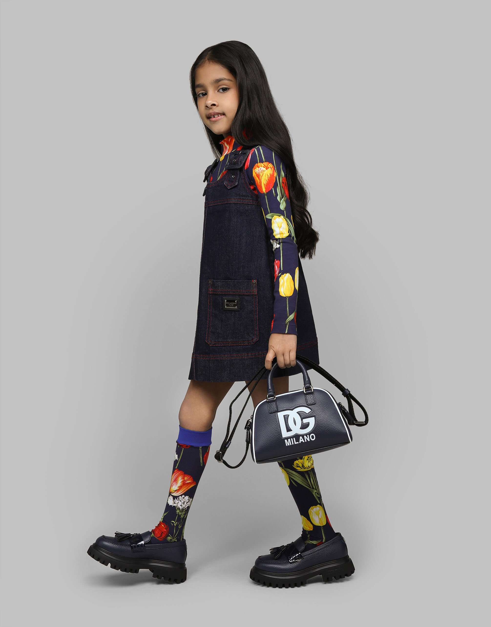 Tumbled calfskin bowling bag with DG logo in Blue for Girls Dolce Gabbana US