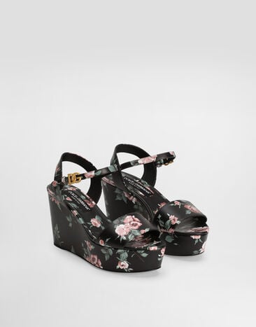 Dolce & Gabbana Calfskin weDGe sandals with rose print Multicolor CZ0334AZ046