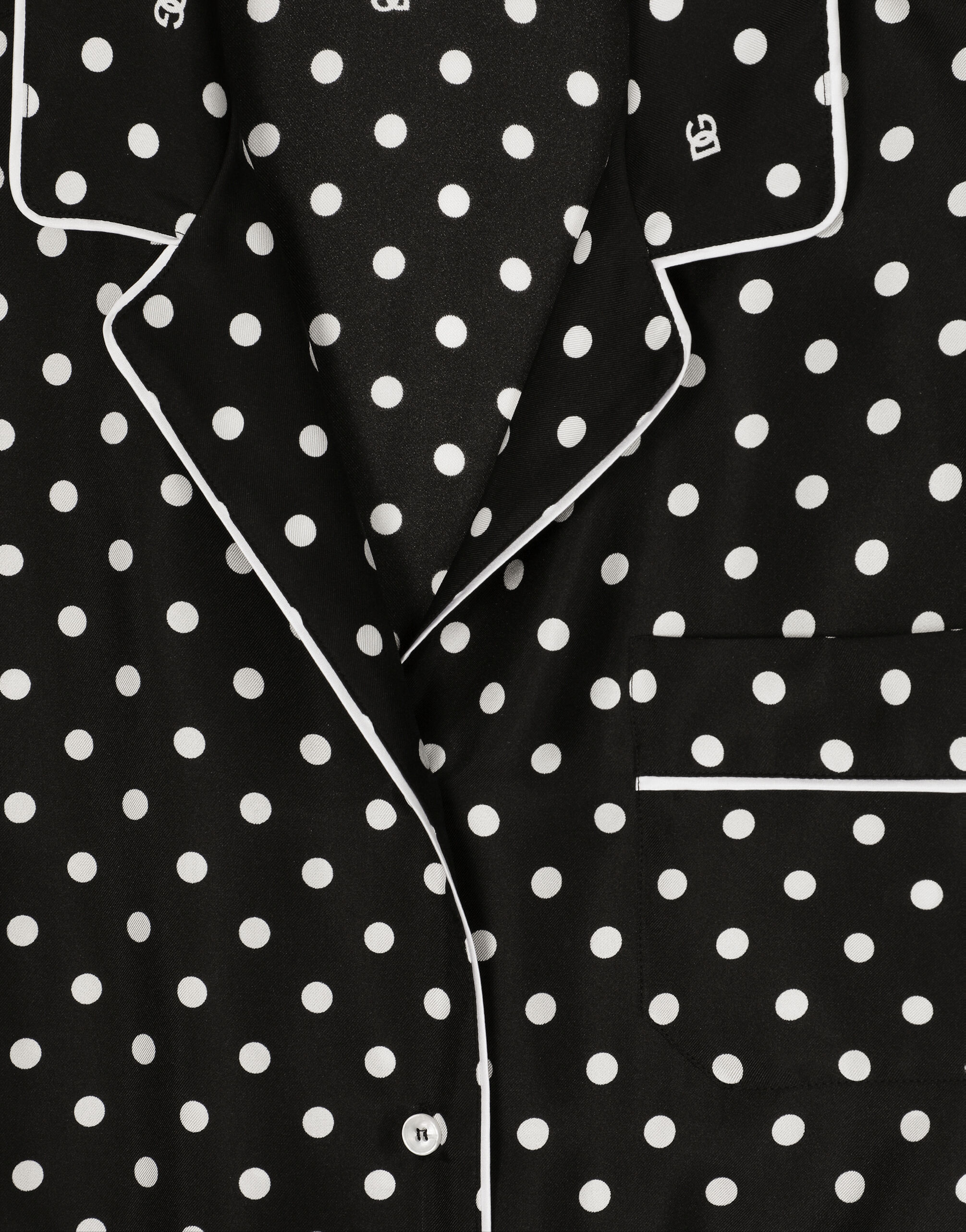 Short-sleeved silk pajama shirt with polka-dot print in