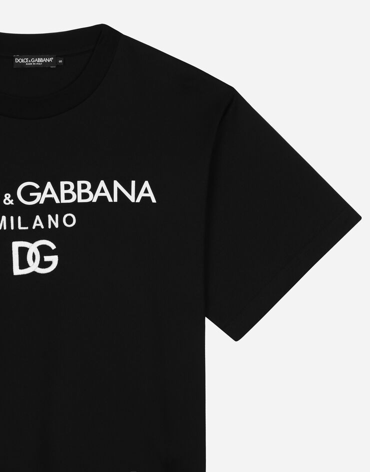 Dolce & Gabbana Camiseta de punto con estampado del logotipo en terciopelo flocado Negro F8O48ZG7E2I