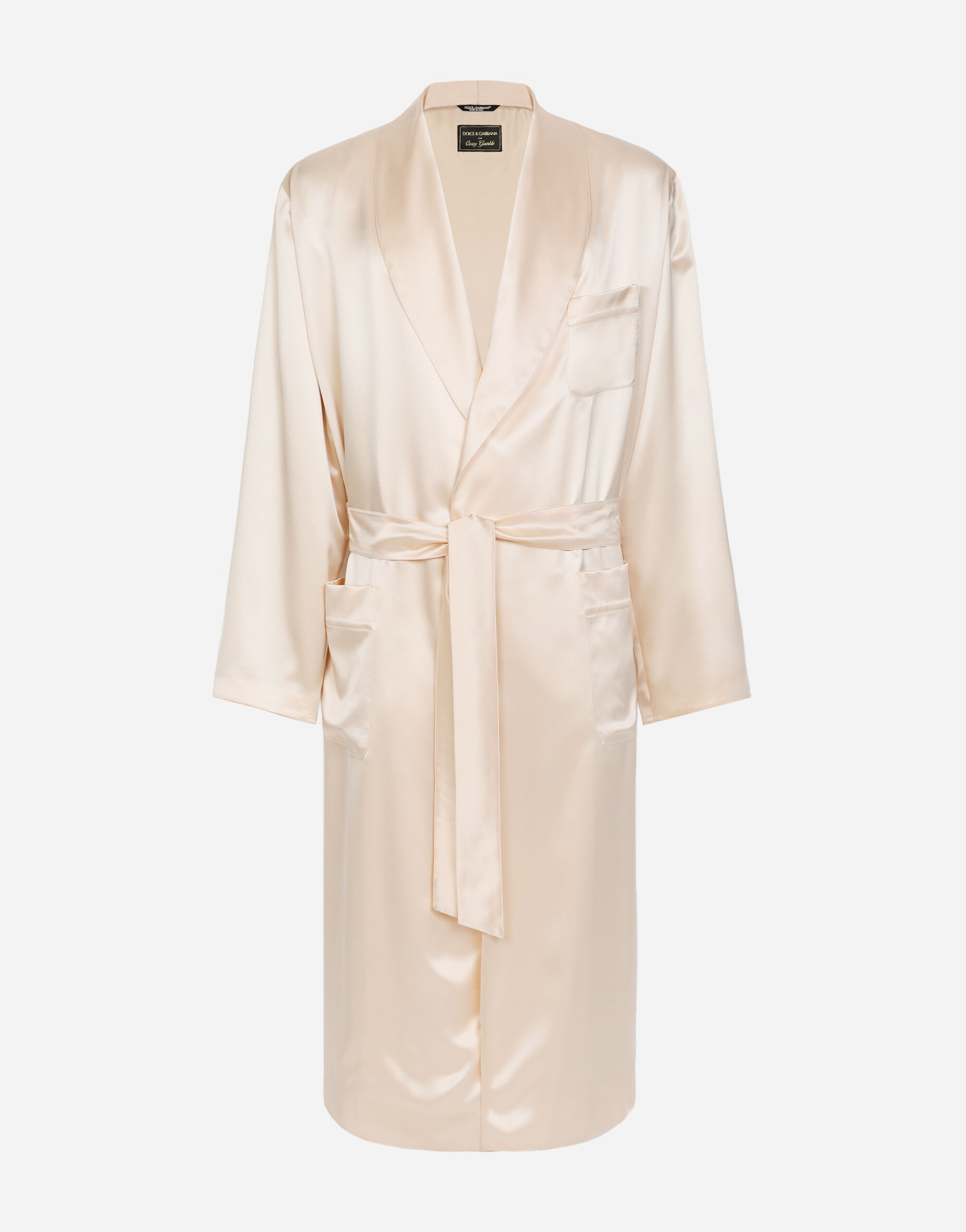 Silk satin robe with metal DG logo in Pale Pink for