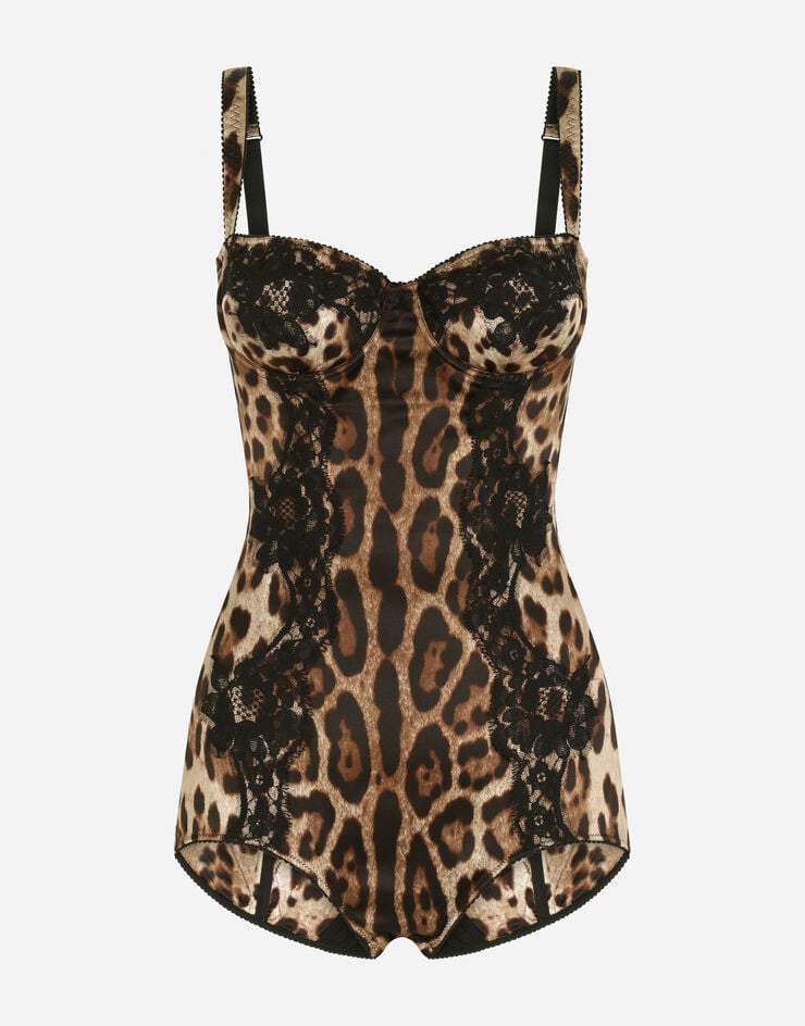 Dolce & Gabbana Silk balconette lingerie bodysuit with leopard-print lace details Multicolor O9A05TFSAXY