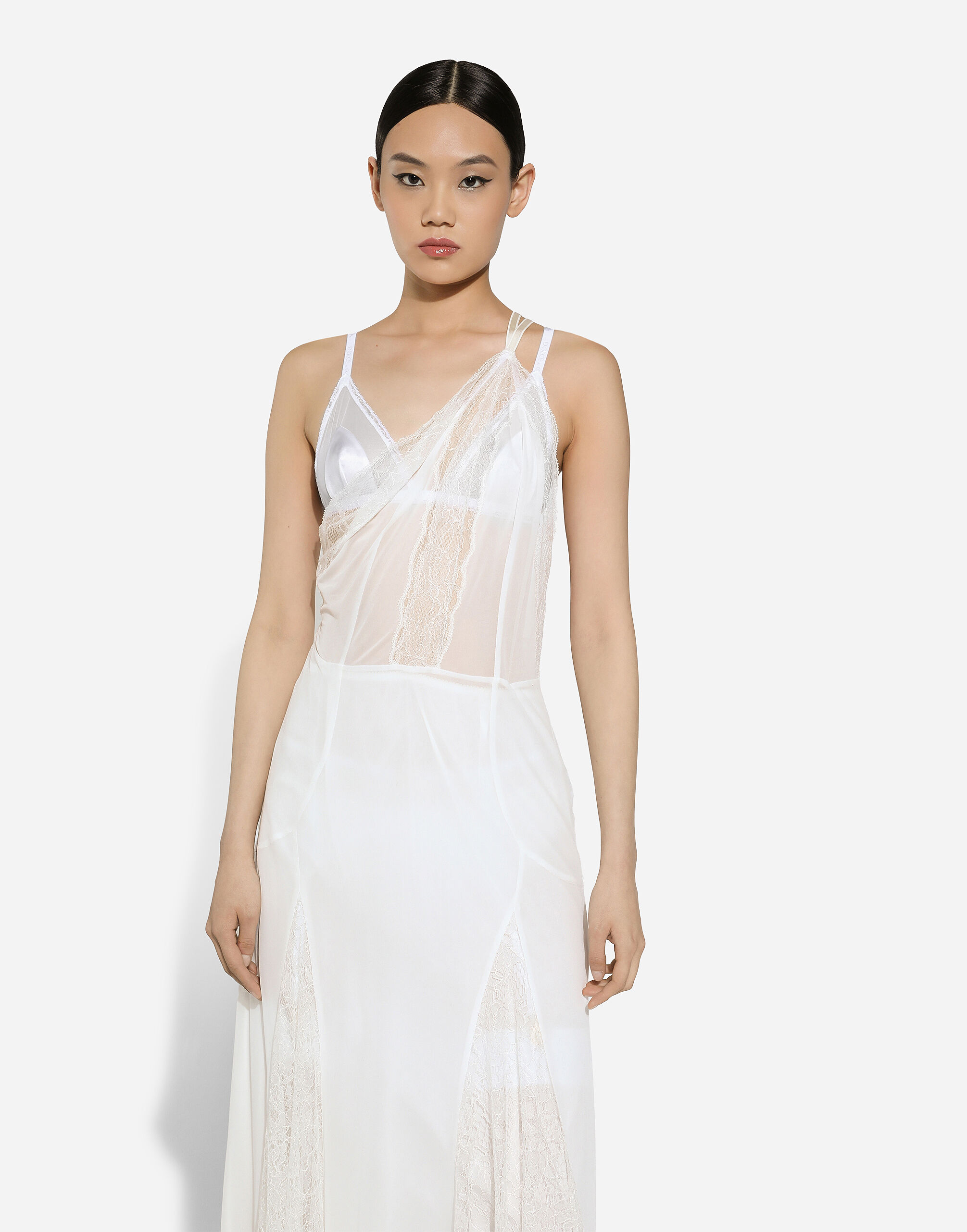 Organzine and lace calf-length dress with asymmetrical neckline in