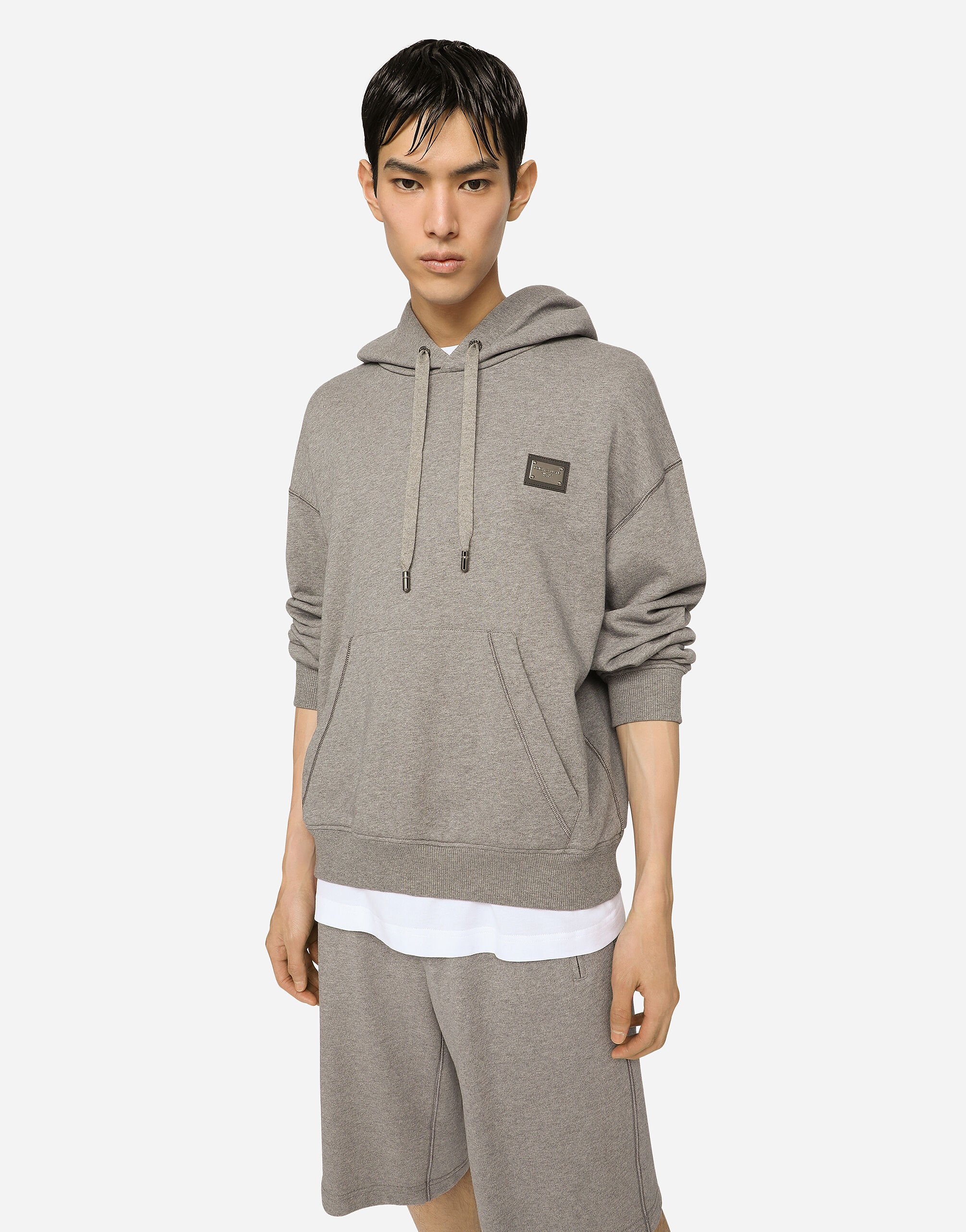 Jersey hoodie with branded tag in Grey for Men