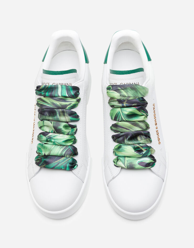 Dolce & Gabbana Portofino sneakers in nappa calfskin with lettering and printed silk laces BLANCO/VERDE CK1602AW017