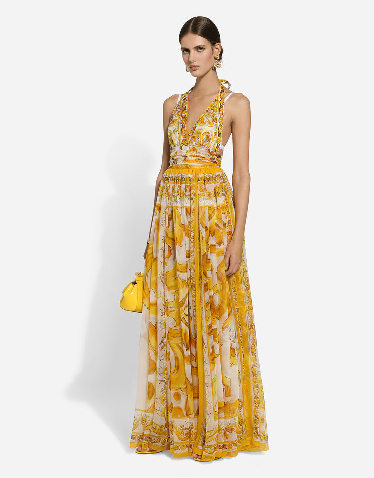 Long sleeveless silk chiffon dress with majolica print in Print