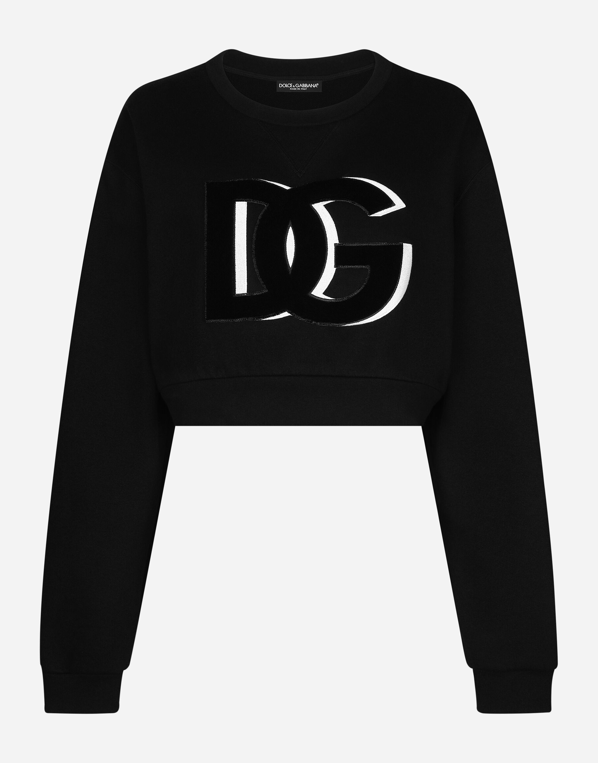 Dolce&Gabbana Cropped jersey sweatshirt with DG logo patch Beige F9N83TFUGRR