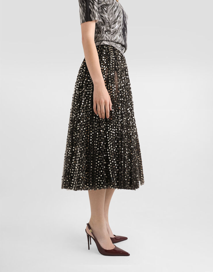 Dolce & Gabbana Jupe patineuse mi-longue en tulle avec micro paillettes brodées Doré F4C1FTFLSHD
