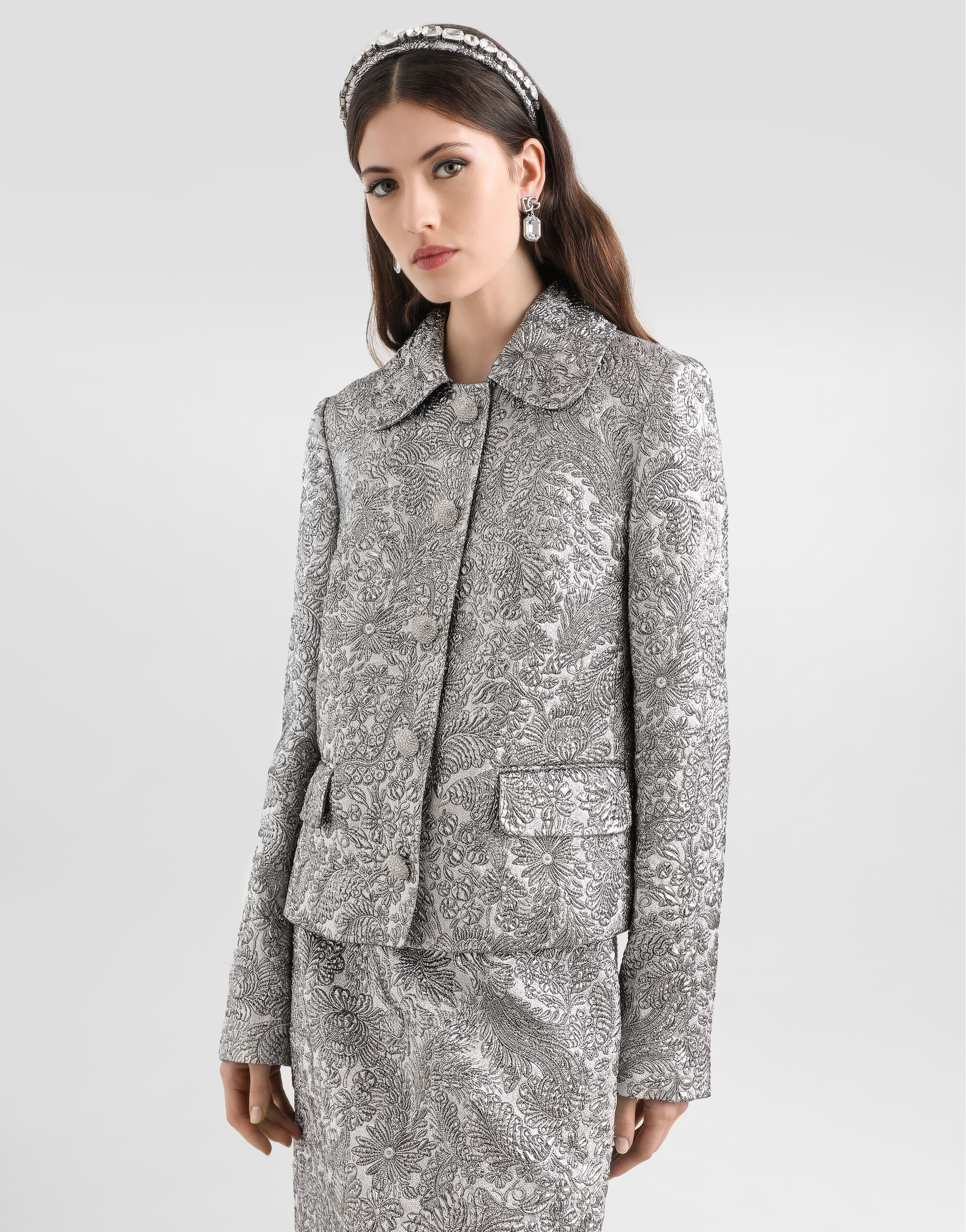 Single-breasted jacket in floral jacquard in Silver for Women