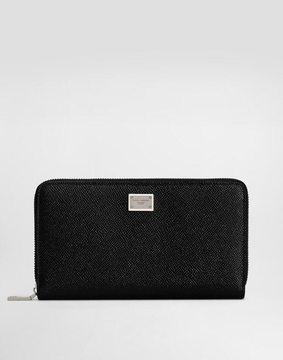 Calfskin zip-around wallet with branded plate